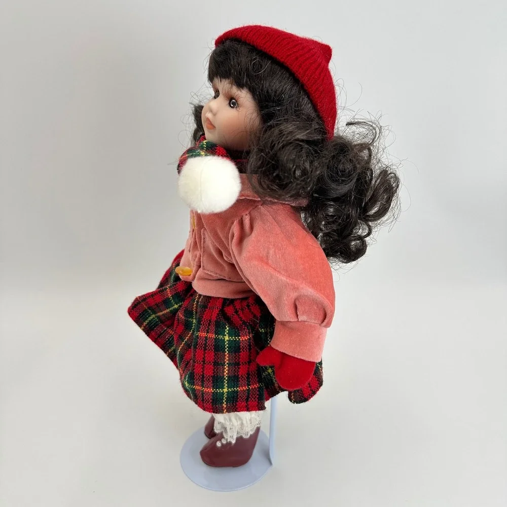 Show Stoppers Nora Porcelain Doll Girls 12in‎ Pink Red Plaid Winter Christmas